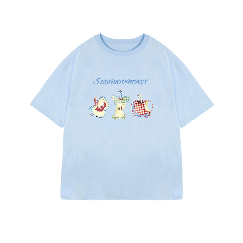 Памучна тениска с къс ръкав за жени, свободен силует, кръгло деколте, принт