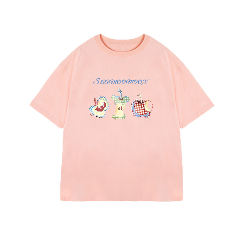 Памучна тениска с къс ръкав за жени, свободен силует, кръгло деколте, принт