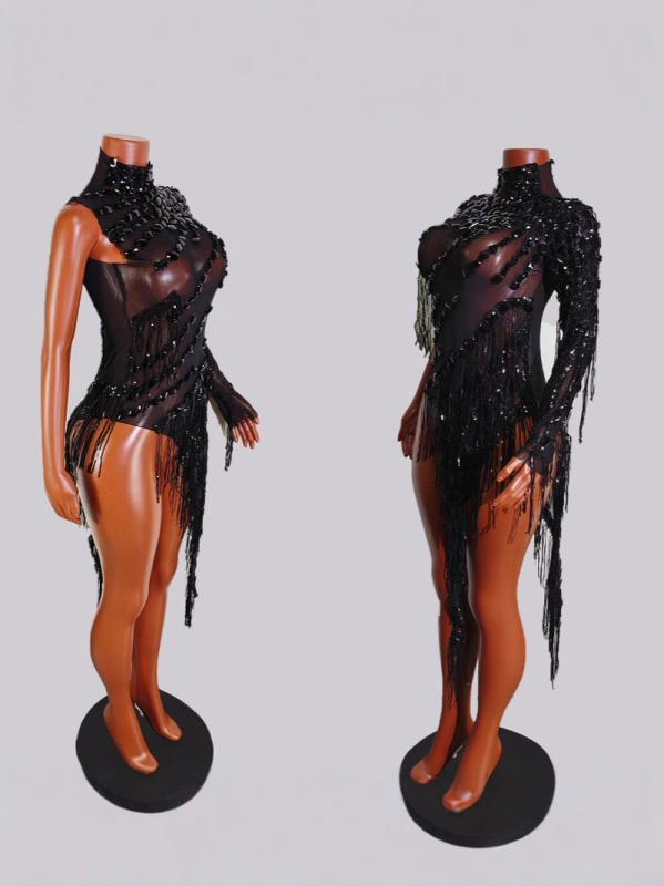 Прозрачна мрежеста рокля с ресни и кристали, еднорамен сценичен костюм за латински танци; Материя: мрежа; Спандекс 50–70%; Ръкав: едно рамо; Печат/боядисване