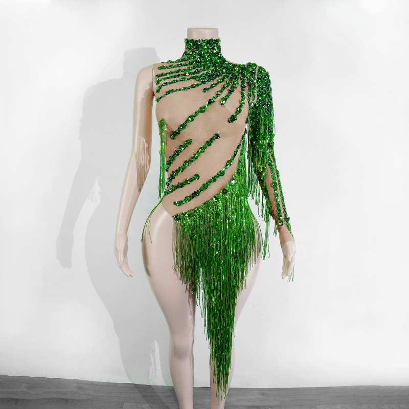 Прозрачна мрежеста рокля с ресни и кристали, еднорамен сценичен костюм за латински танци; Материя: мрежа; Спандекс 50–70%; Ръкав: едно рамо; Печат/боядисване