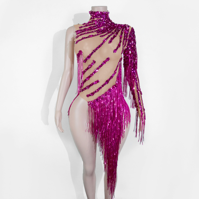 Прозрачна мрежеста рокля с ресни и кристали, еднорамен сценичен костюм за латински танци; Материя: мрежа; Спандекс 50–70%; Ръкав: едно рамо; Печат/боядисване