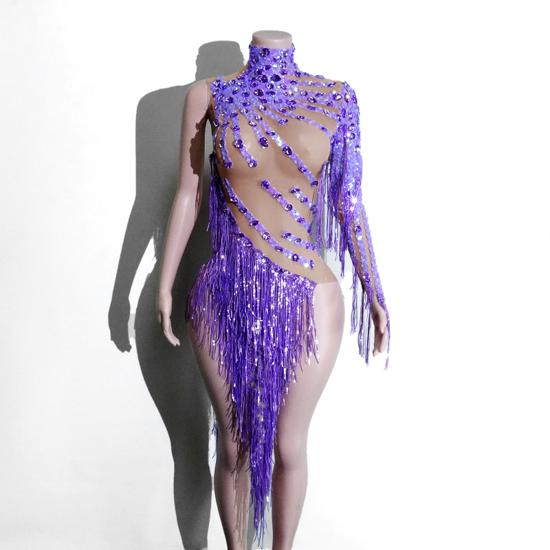 Прозрачна мрежеста рокля с ресни и кристали, еднорамен сценичен костюм за латински танци; Материя: мрежа; Спандекс 50–70%; Ръкав: едно рамо; Печат/боядисване