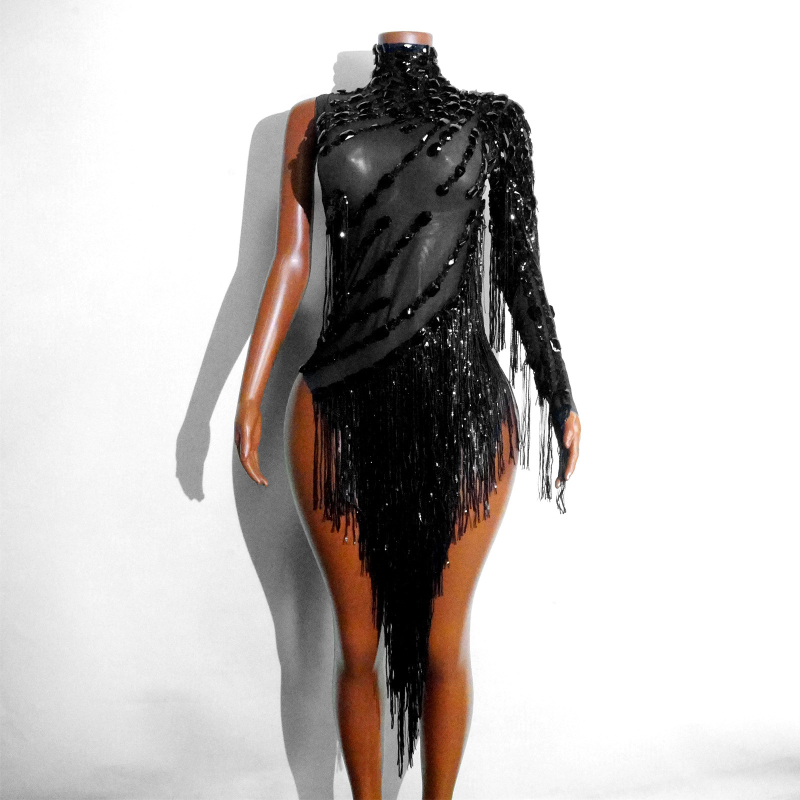 Прозрачна мрежеста рокля с ресни и кристали, еднорамен сценичен костюм за латински танци; Материя: мрежа; Спандекс 50–70%; Ръкав: едно рамо; Печат/боядисване