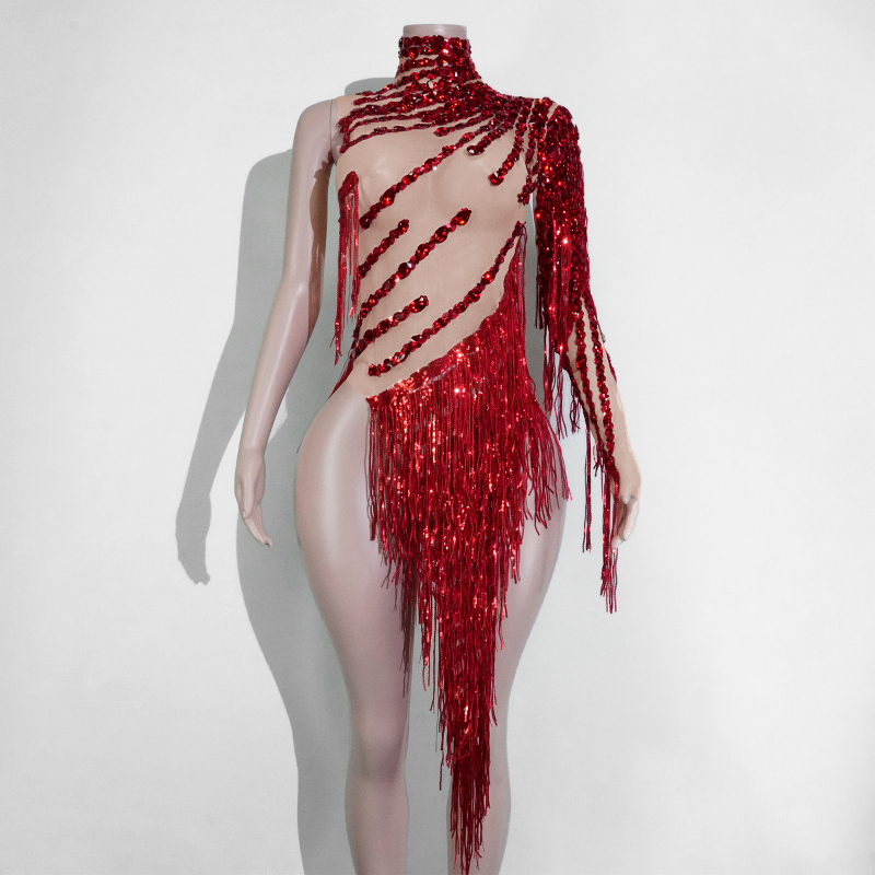 Прозрачна мрежеста рокля с ресни и кристали, еднорамен сценичен костюм за латински танци; Материя: мрежа; Спандекс 50–70%; Ръкав: едно рамо; Печат/боядисване