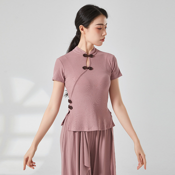 Etniska deju topa ar ribētā adījuma viskozes audumu, pieaugušai sievietei, garas piedurknes, kakla stils cheongsama