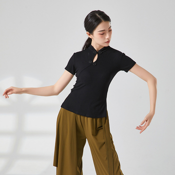 Etniska deju topa ar ribētā adījuma viskozes audumu, pieaugušai sievietei, garas piedurknes, kakla stils cheongsama