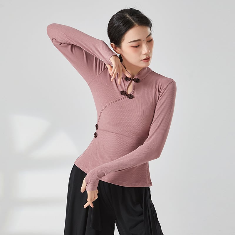 Etniska deju topa ar ribētā adījuma viskozes audumu, pieaugušai sievietei, garas piedurknes, kakla stils cheongsama