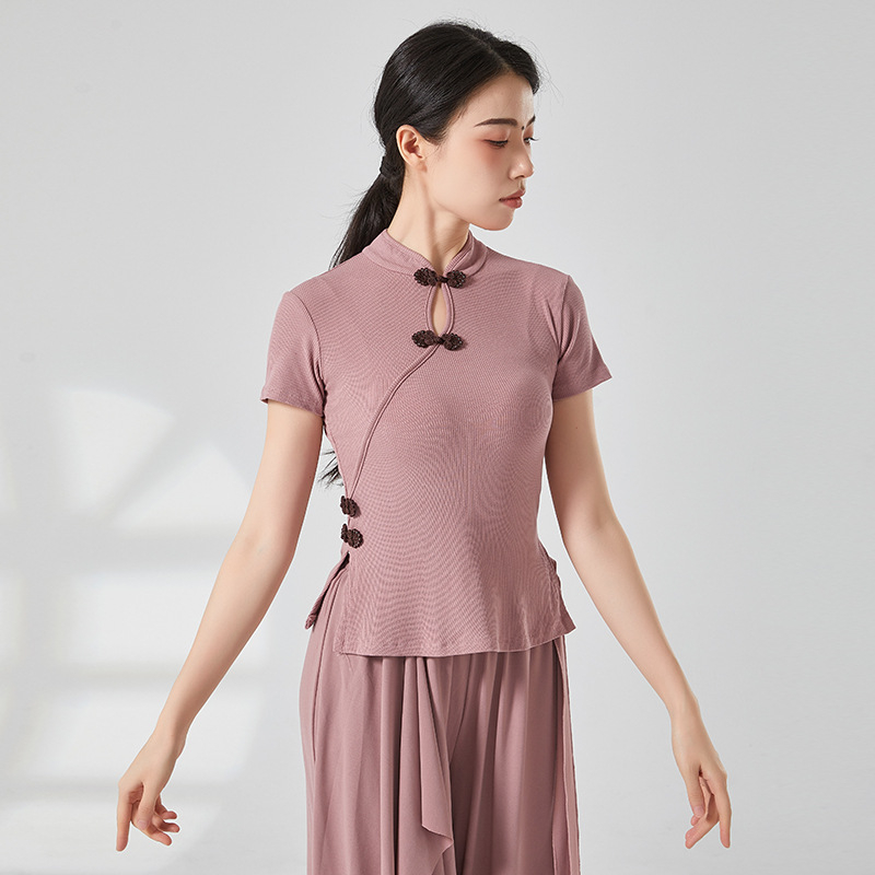 Etniska deju topa ar ribētā adījuma viskozes audumu, pieaugušai sievietei, garas piedurknes, kakla stils cheongsama