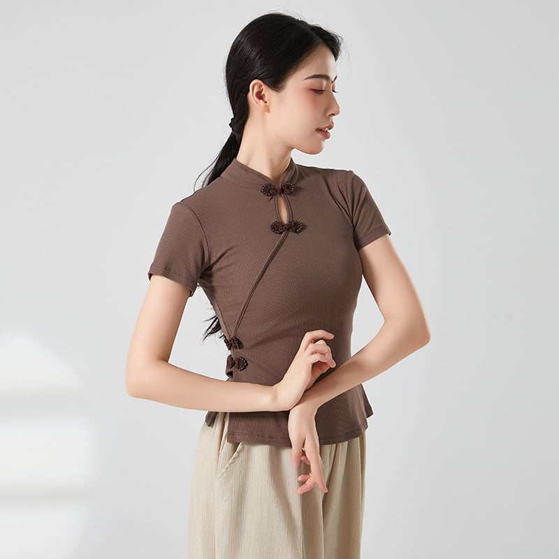 Etniska deju topa ar ribētā adījuma viskozes audumu, pieaugušai sievietei, garas piedurknes, kakla stils cheongsama