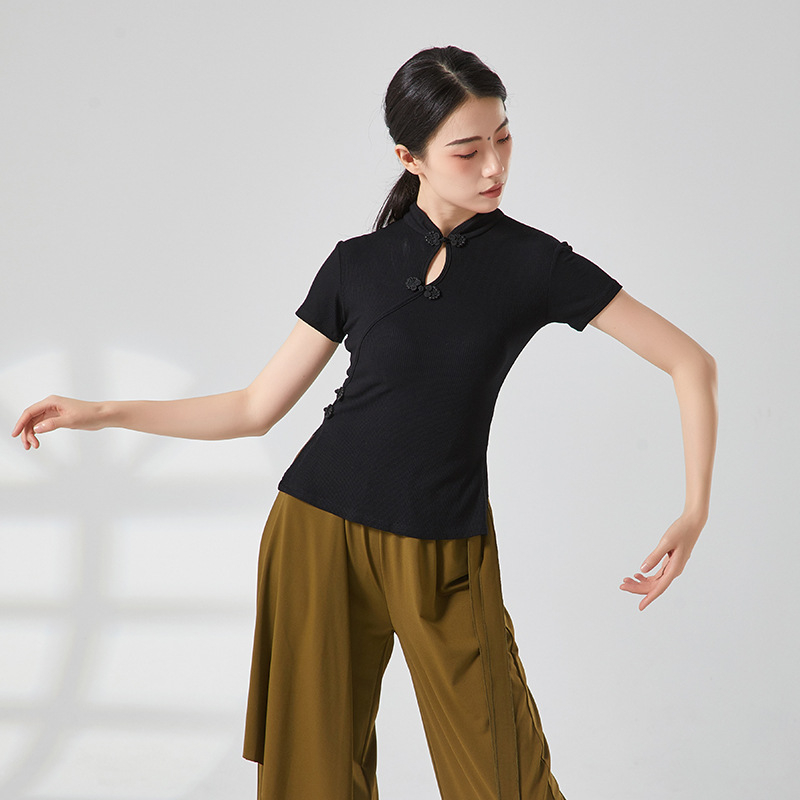 Etniska deju topa ar ribētā adījuma viskozes audumu, pieaugušai sievietei, garas piedurknes, kakla stils cheongsama