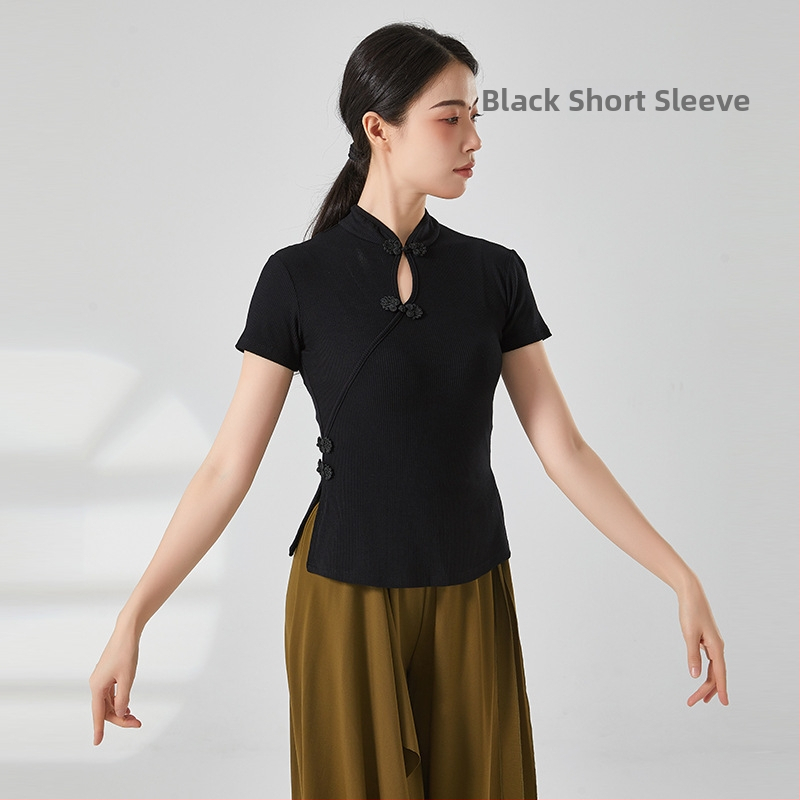 Etniska deju topa ar ribētā adījuma viskozes audumu, pieaugušai sievietei, garas piedurknes, kakla stils cheongsama