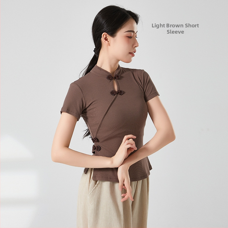 Etniska deju topa ar ribētā adījuma viskozes audumu, pieaugušai sievietei, garas piedurknes, kakla stils cheongsama