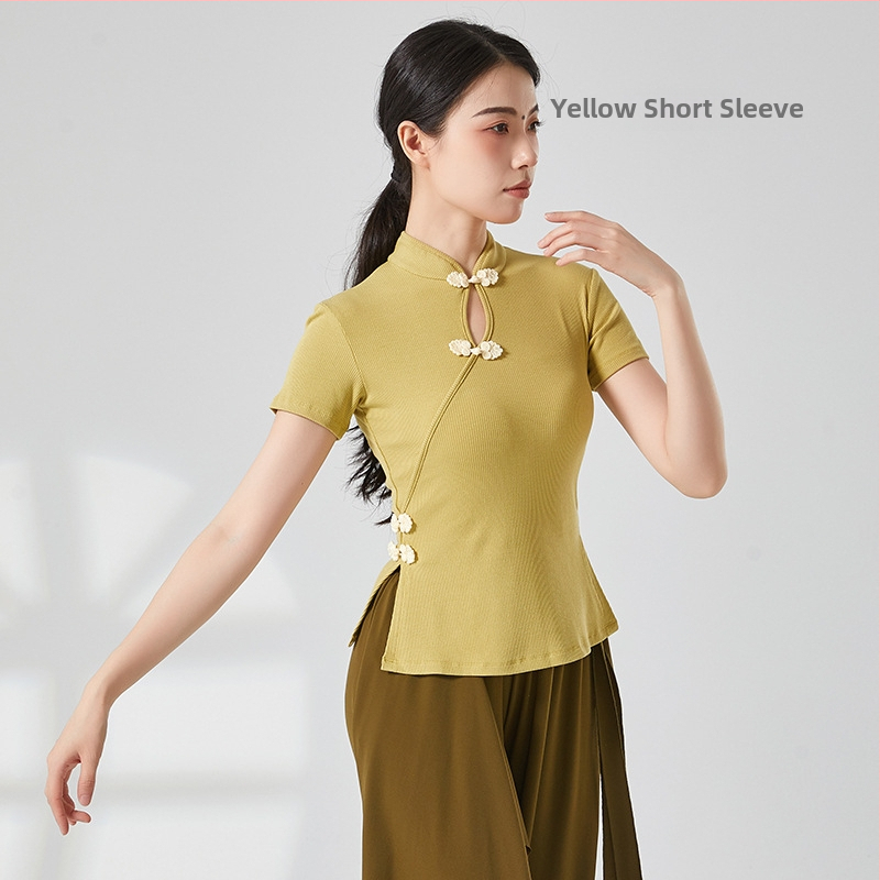 Etniska deju topa ar ribētā adījuma viskozes audumu, pieaugušai sievietei, garas piedurknes, kakla stils cheongsama