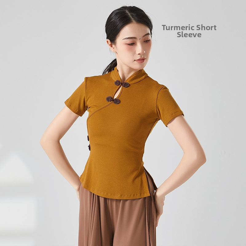 Etniska deju topa ar ribētā adījuma viskozes audumu, pieaugušai sievietei, garas piedurknes, kakla stils cheongsama