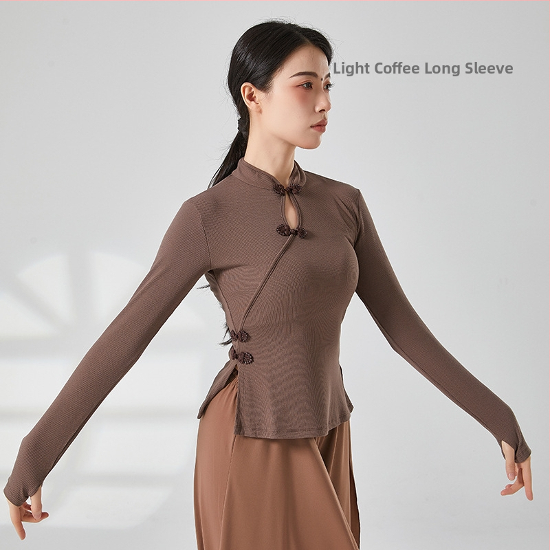 Etniska deju topa ar ribētā adījuma viskozes audumu, pieaugušai sievietei, garas piedurknes, kakla stils cheongsama