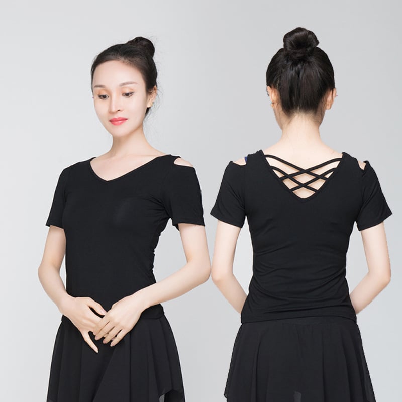 Sieviešu mugurai atvērtu topu modernā deju stilā – modālais audums, vienkrāsains raksts, piemērots latīņu un etniskajām dejām, pieaugušajiem