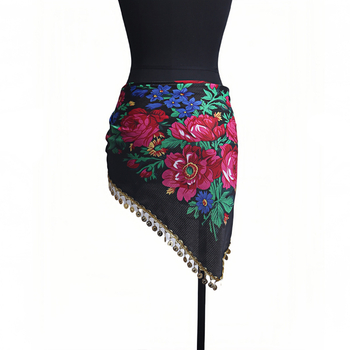 Sieviešu drukāts Latīņu deju gurnu šalle ar spīdīgu ķēdi, poliesters 90–95%, elegants stils, rudens 2024