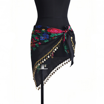 Sieviešu drukāts Latīņu deju gurnu šalle ar spīdīgu ķēdi, poliesters 90–95%, elegants stils, rudens 2024