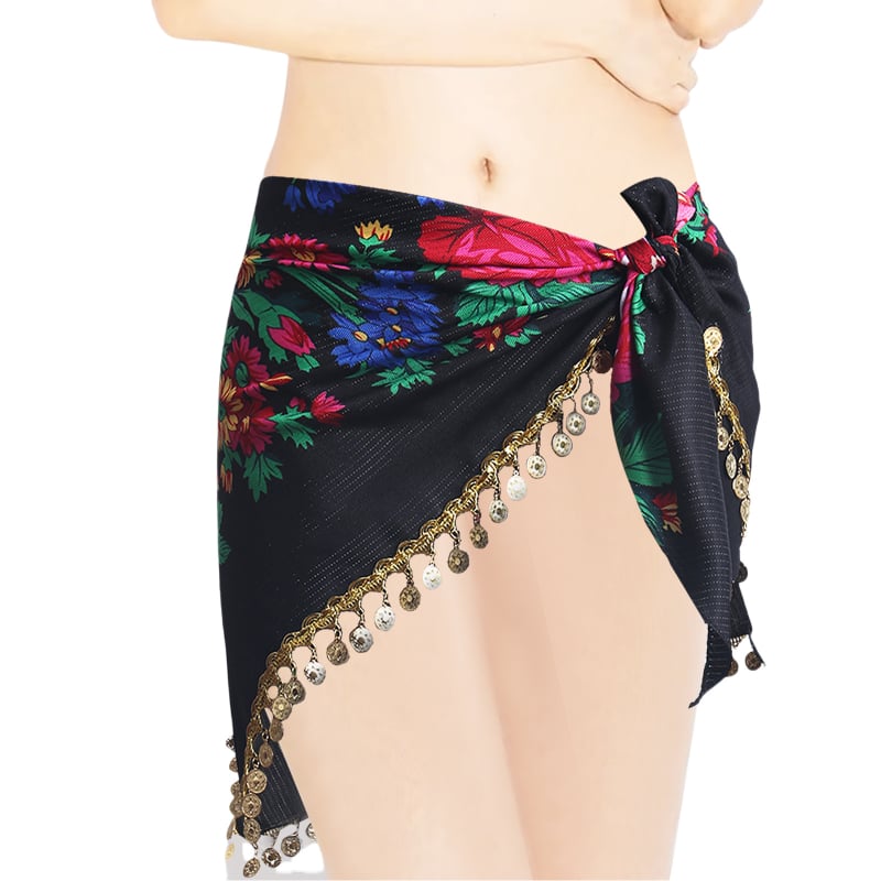 Sieviešu drukāts Latīņu deju gurnu šalle ar spīdīgu ķēdi, poliesters 90–95%, elegants stils, rudens 2024