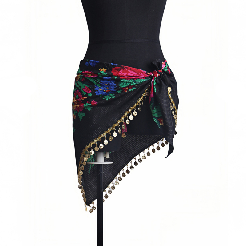 Sieviešu drukāts Latīņu deju gurnu šalle ar spīdīgu ķēdi, poliesters 90–95%, elegants stils, rudens 2024