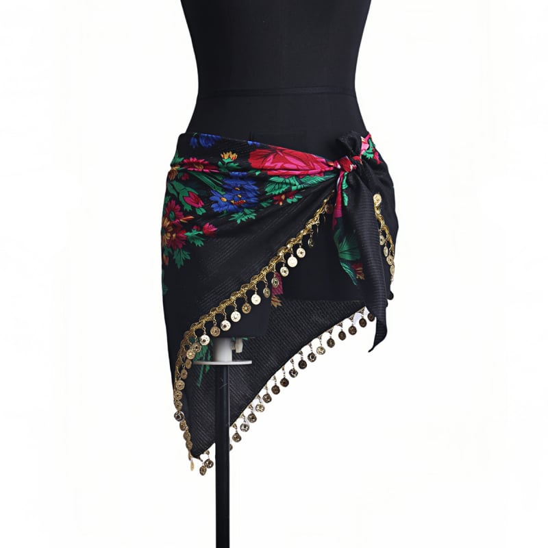 Sieviešu drukāts Latīņu deju gurnu šalle ar spīdīgu ķēdi, poliesters 90–95%, elegants stils, rudens 2024