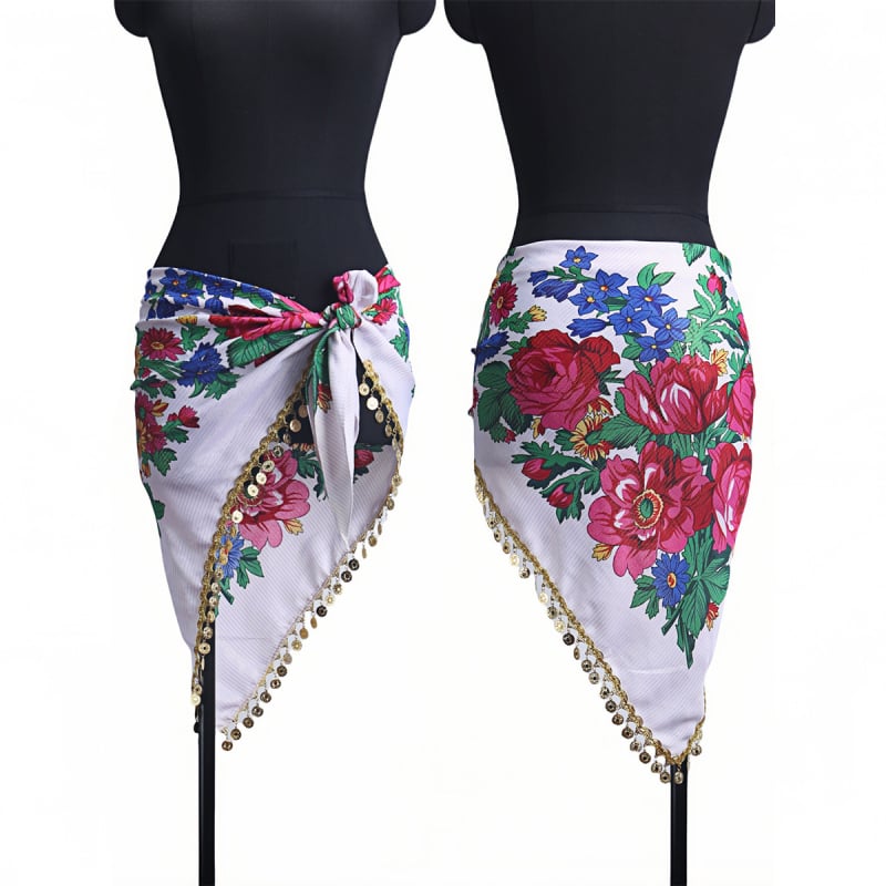 Sieviešu drukāts Latīņu deju gurnu šalle ar spīdīgu ķēdi, poliesters 90–95%, elegants stils, rudens 2024