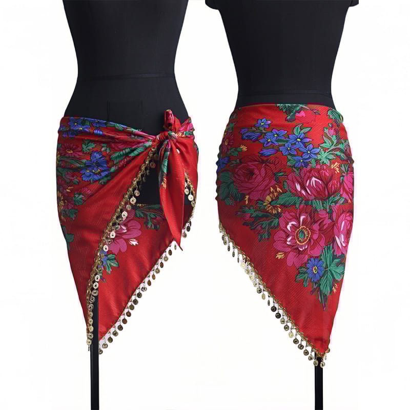 Sieviešu drukāts Latīņu deju gurnu šalle ar spīdīgu ķēdi, poliesters 90–95%, elegants stils, rudens 2024