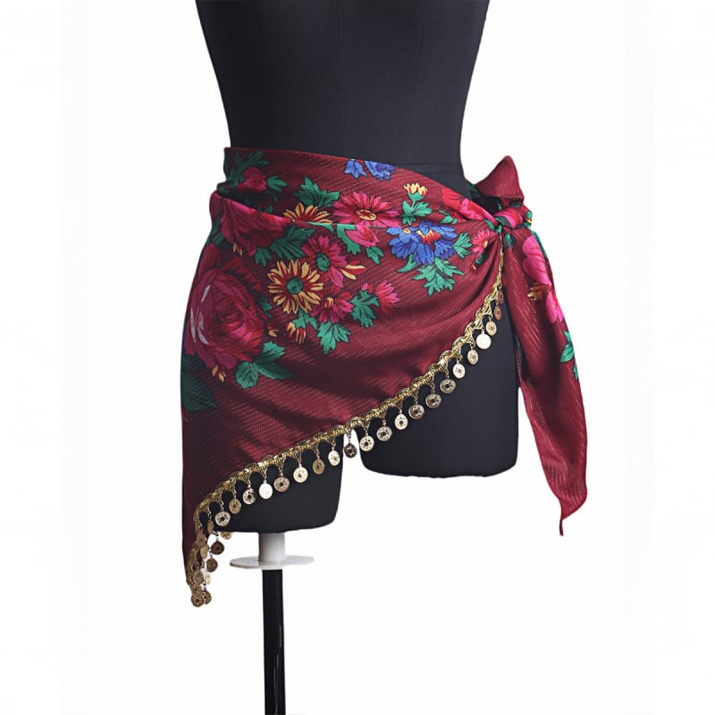 Sieviešu drukāts Latīņu deju gurnu šalle ar spīdīgu ķēdi, poliesters 90–95%, elegants stils, rudens 2024