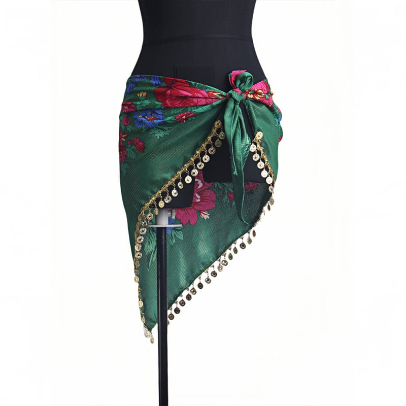 Sieviešu drukāts Latīņu deju gurnu šalle ar spīdīgu ķēdi, poliesters 90–95%, elegants stils, rudens 2024