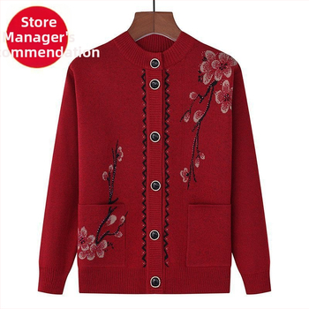Siltas adījuma kardigans vecākām sievietēm ar flīsa iekšējo oderi, ķīniešu stila literārais retro, Tr audums ar PVC līdz 30% un 30–50% citi materiāli