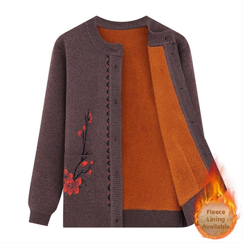 Siltas adījuma kardigans vecākām sievietēm ar flīsa iekšējo oderi, ķīniešu stila literārais retro, Tr audums ar PVC līdz 30% un 30–50% citi materiāli