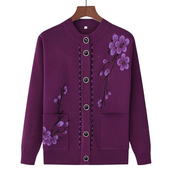 Siltas adījuma kardigans vecākām sievietēm ar flīsa iekšējo oderi, ķīniešu stila literārais retro, Tr audums ar PVC līdz 30% un 30–50% citi materiāli