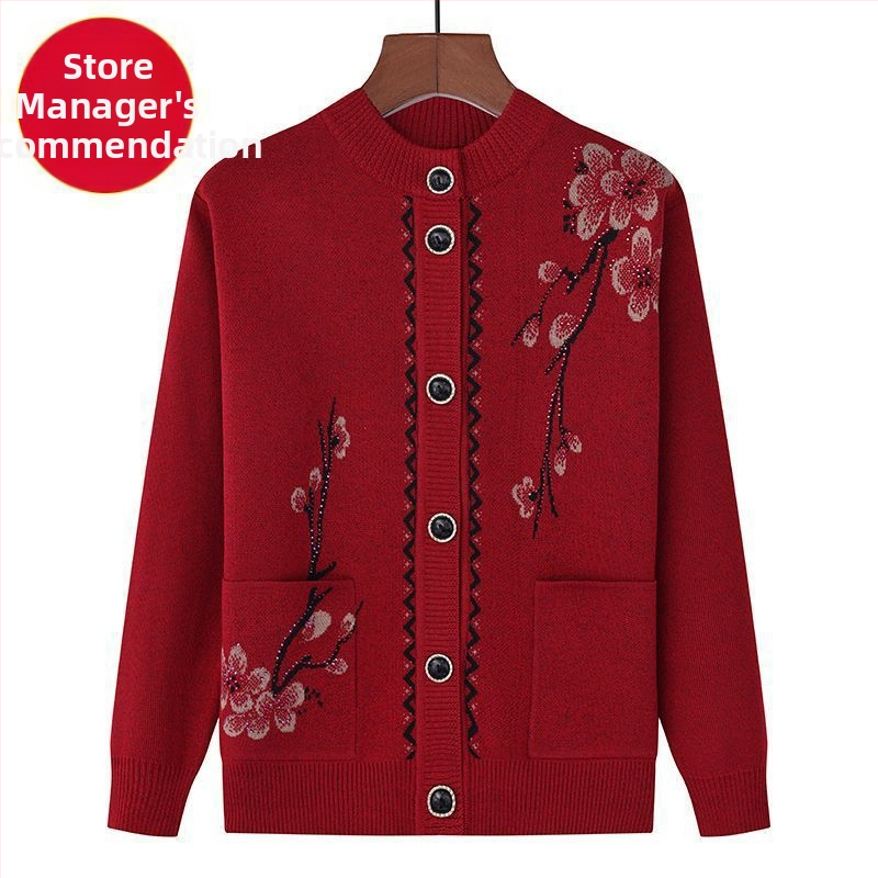 Siltas adījuma kardigans vecākām sievietēm ar flīsa iekšējo oderi, ķīniešu stila literārais retro, Tr audums ar PVC līdz 30% un 30–50% citi materiāli