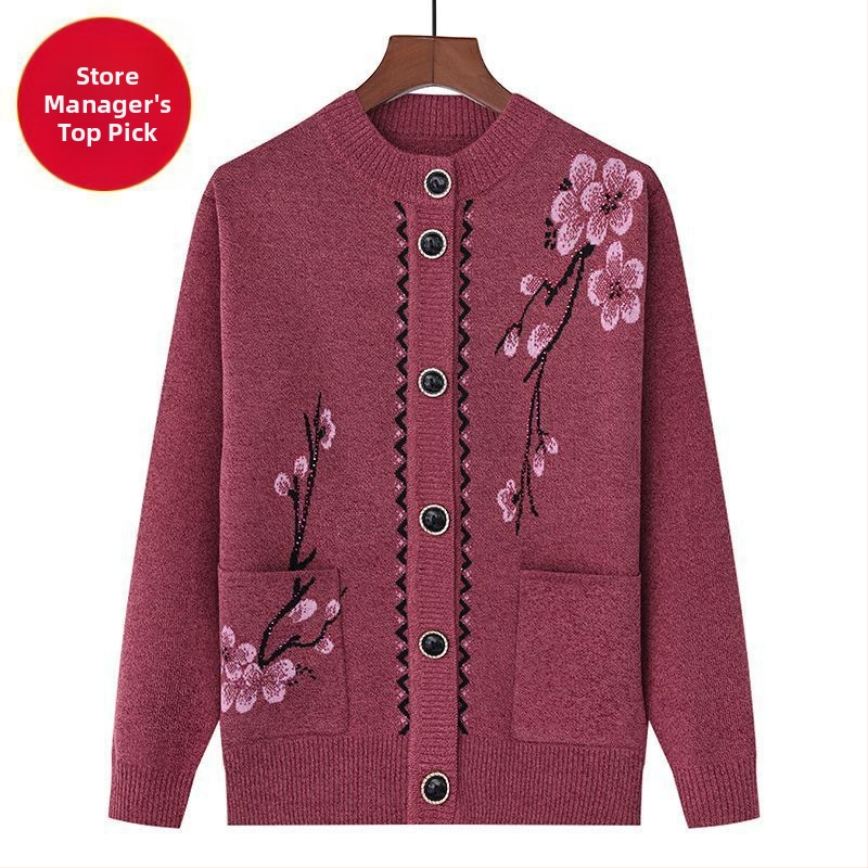 Siltas adījuma kardigans vecākām sievietēm ar flīsa iekšējo oderi, ķīniešu stila literārais retro, Tr audums ar PVC līdz 30% un 30–50% citi materiāli