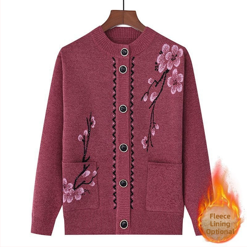 Siltas adījuma kardigans vecākām sievietēm ar flīsa iekšējo oderi, ķīniešu stila literārais retro, Tr audums ar PVC līdz 30% un 30–50% citi materiāli