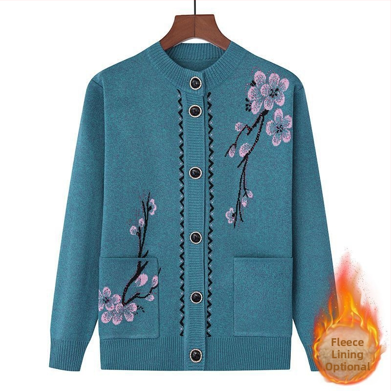 Siltas adījuma kardigans vecākām sievietēm ar flīsa iekšējo oderi, ķīniešu stila literārais retro, Tr audums ar PVC līdz 30% un 30–50% citi materiāli