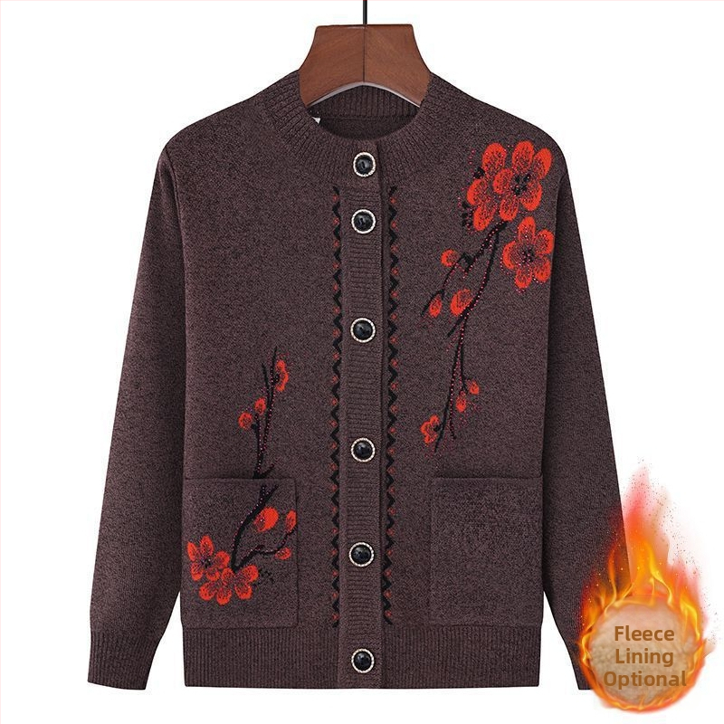 Siltas adījuma kardigans vecākām sievietēm ar flīsa iekšējo oderi, ķīniešu stila literārais retro, Tr audums ar PVC līdz 30% un 30–50% citi materiāli