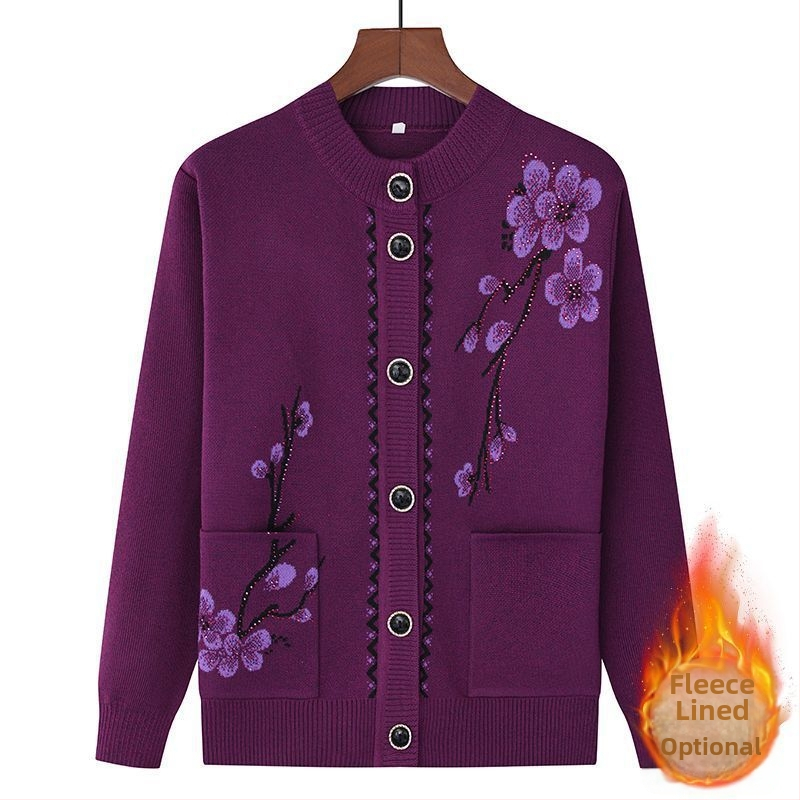 Siltas adījuma kardigans vecākām sievietēm ar flīsa iekšējo oderi, ķīniešu stila literārais retro, Tr audums ar PVC līdz 30% un 30–50% citi materiāli