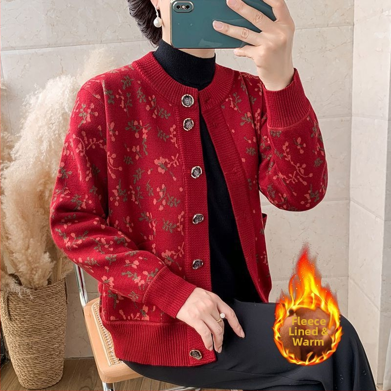 Vecāku sieviešu kardigans, pavasaris 2025 adījums, PVC pamatmateriāls līdz 30%, citi materiāli 30–50%, literāri retro stils, kakla uzlīme.