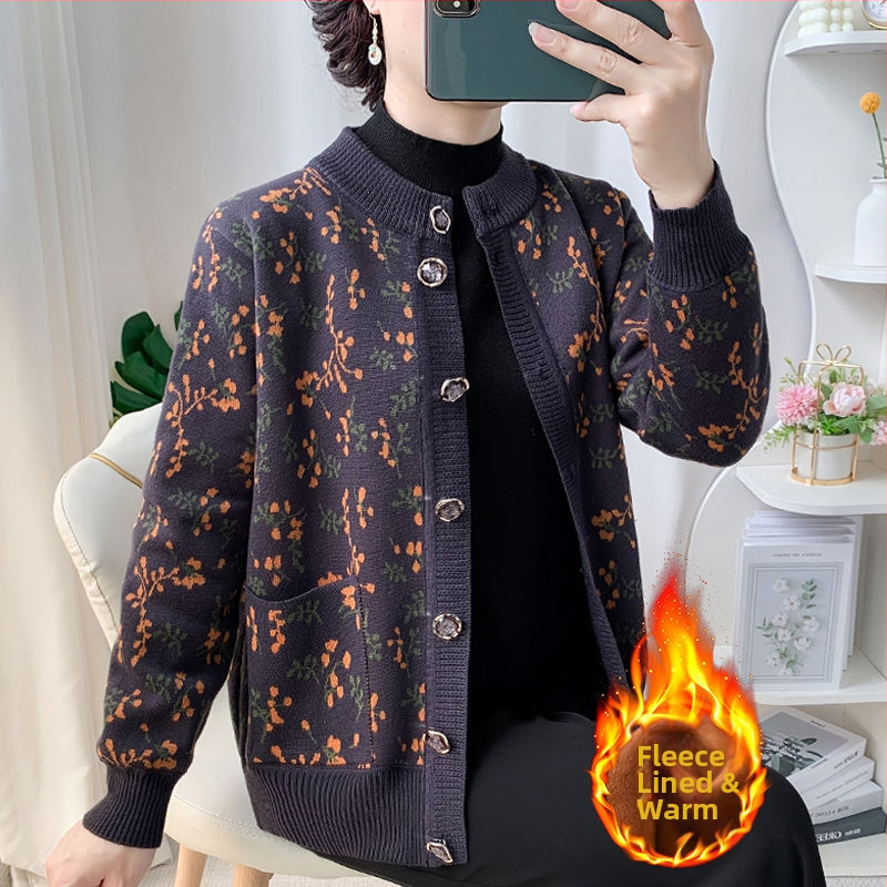 Vecāku sieviešu kardigans, pavasaris 2025 adījums, PVC pamatmateriāls līdz 30%, citi materiāli 30–50%, literāri retro stils, kakla uzlīme.