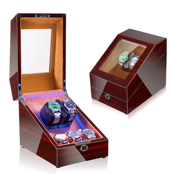 Laikrodžių vyniojimo įrenginys su elektros motoru, sandėlyje, medinis korpusas, PU oda, velouras, pianino apdaila; modeliai 2+3