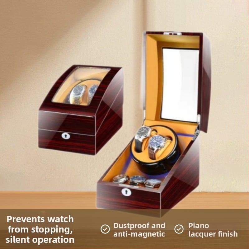 Laikrodžių vyniojimo įrenginys su elektros motoru, sandėlyje, medinis korpusas, PU oda, velouras, pianino apdaila; modeliai 2+3