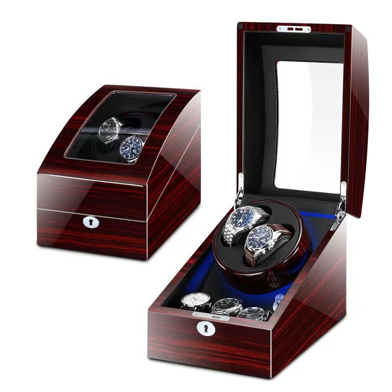 Laikrodžių vyniojimo įrenginys su elektros motoru, sandėlyje, medinis korpusas, PU oda, velouras, pianino apdaila; modeliai 2+3