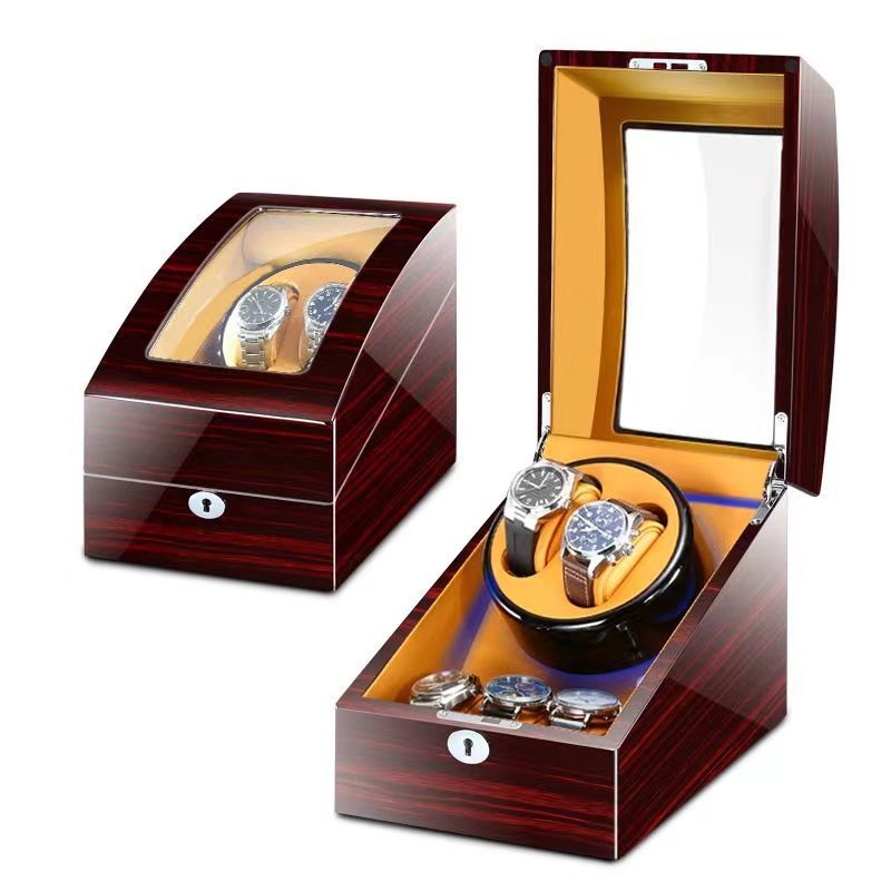 Laikrodžių vyniojimo įrenginys su elektros motoru, sandėlyje, medinis korpusas, PU oda, velouras, pianino apdaila; modeliai 2+3