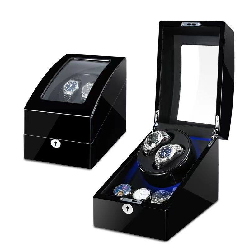 Laikrodžių vyniojimo įrenginys su elektros motoru, sandėlyje, medinis korpusas, PU oda, velouras, pianino apdaila; modeliai 2+3