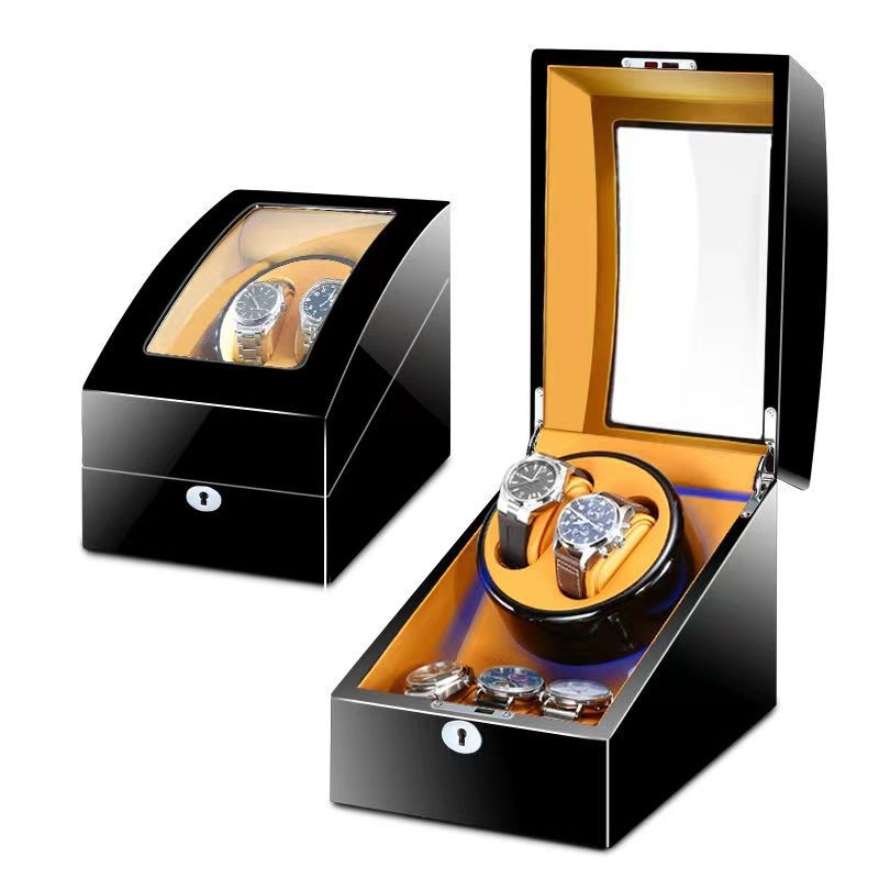 Laikrodžių vyniojimo įrenginys su elektros motoru, sandėlyje, medinis korpusas, PU oda, velouras, pianino apdaila; modeliai 2+3