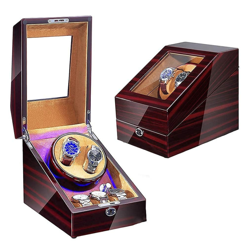 Laikrodžių vyniojimo įrenginys su elektros motoru, sandėlyje, medinis korpusas, PU oda, velouras, pianino apdaila; modeliai 2+3