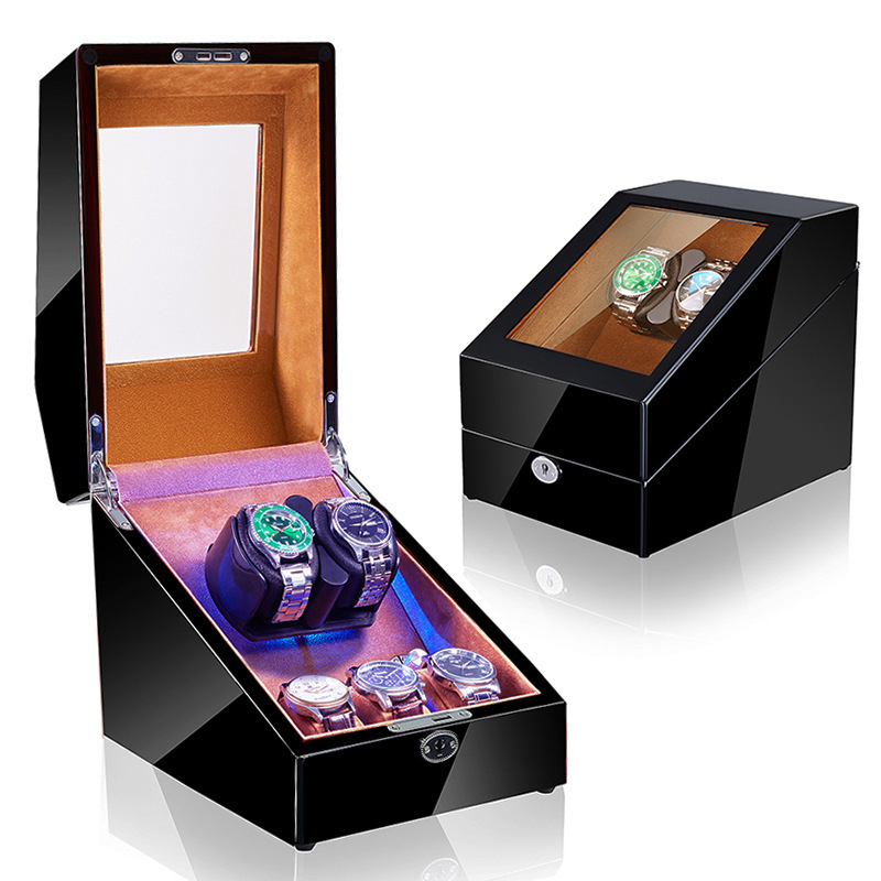 Laikrodžių vyniojimo įrenginys su elektros motoru, sandėlyje, medinis korpusas, PU oda, velouras, pianino apdaila; modeliai 2+3