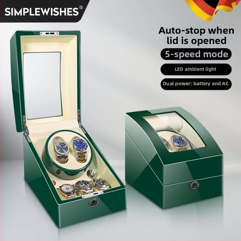 Laikrodžių vyniojimo įrenginys su elektros motoru, sandėlyje, medinis korpusas, PU oda, velouras, pianino apdaila; modeliai 2+3