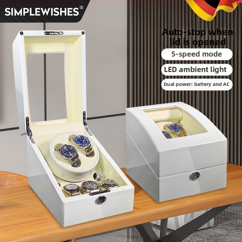 Laikrodžių vyniojimo įrenginys su elektros motoru, sandėlyje, medinis korpusas, PU oda, velouras, pianino apdaila; modeliai 2+3